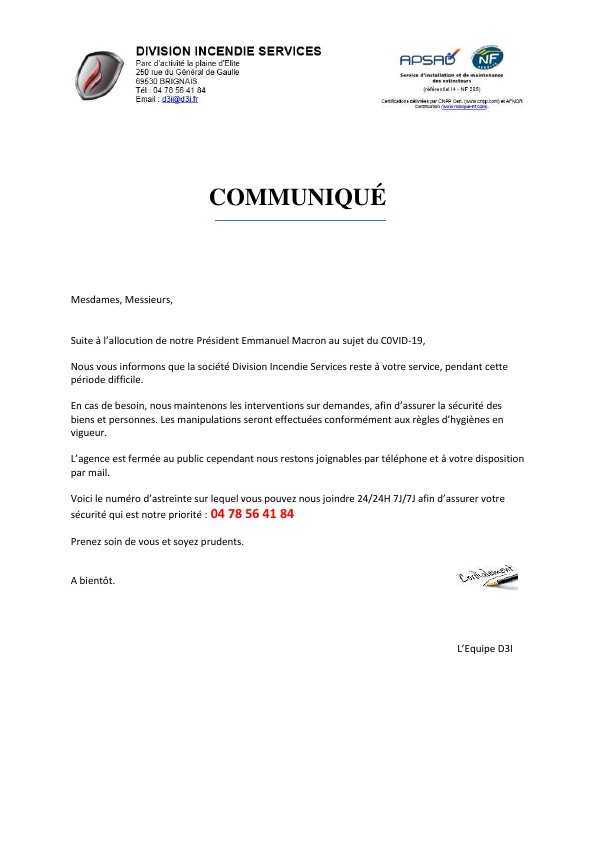 Communiqué - Mesures de prévention COVID-19